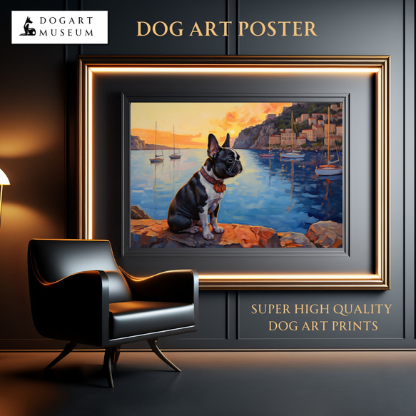 【地中海の海沿いの町 - フレンチブルドッグ犬 No.3】A2アートポスター 犬の絵 犬の絵画 犬のイラスト 1枚目の画像
