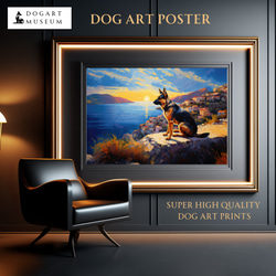 【地中海の海沿いの町 - ジャーマンシェパード犬 No.2】A2アートポスター 犬の絵 犬の絵画 犬のイラスト 1枚目の画像