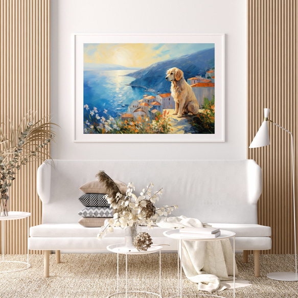 【地中海の海沿いの町 - ゴールデンレトリバー犬 No.1】A2アートポスター 犬の絵 犬の絵画 犬のイラスト 7枚目の画像