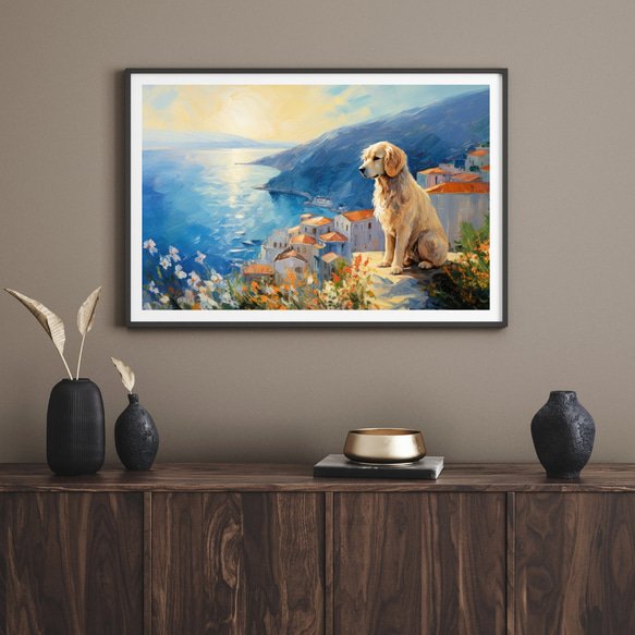 【地中海の海沿いの町 - ゴールデンレトリバー犬 No.1】A2アートポスター 犬の絵 犬の絵画 犬のイラスト 8枚目の画像
