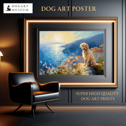 【地中海の海沿いの町 - ゴールデンレトリバー犬 No.1】A2アートポスター 犬の絵 犬の絵画 犬のイラスト 1枚目の画像
