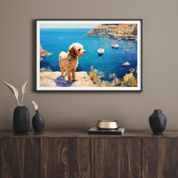 【地中海の海沿いの町 - ゴールデンドゥードル犬 No.1】A2アートポスター 犬の絵 犬の絵画 犬のイラスト 8枚目の画像