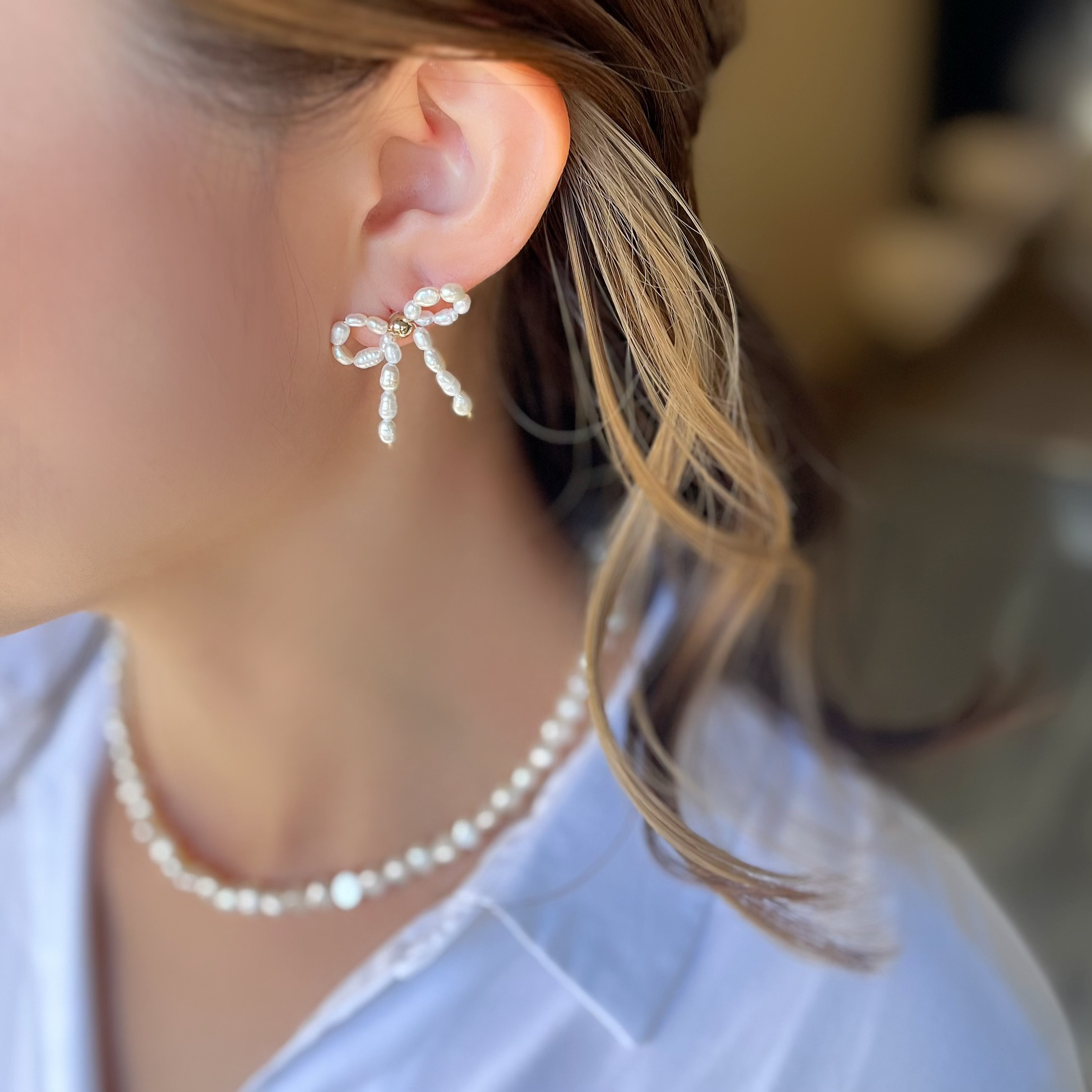 卒園式・入学式にも♪ *coco vanilla* 淡水パール ミニリボン ピアス (イヤリング)