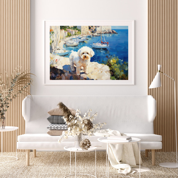【地中海の海沿いの町 - マルチーズ犬 No.1】A2アートポスター 犬の絵 犬の絵画 犬のイラスト 7枚目の画像
