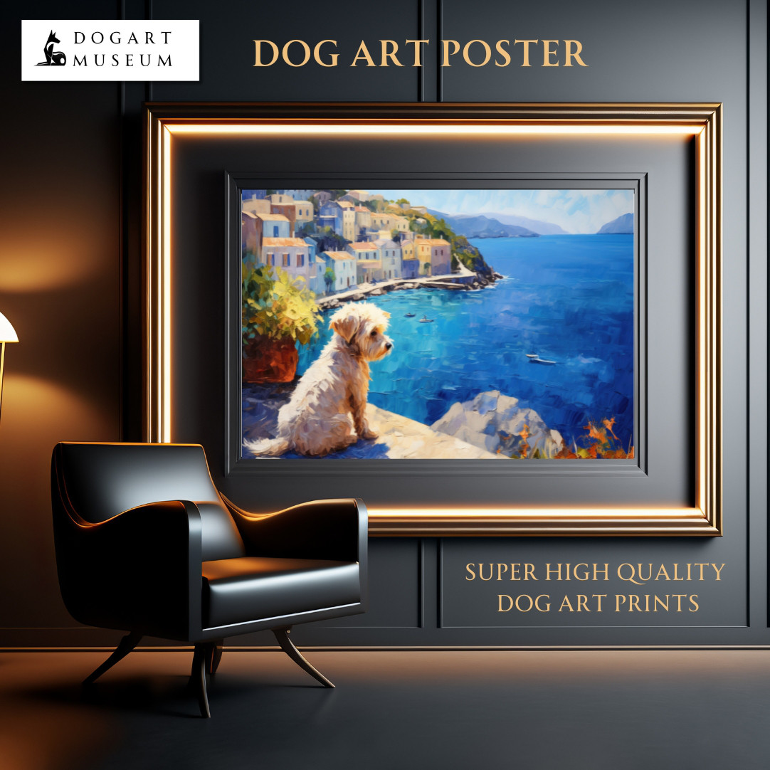 【地中海の海沿いの町 - マルチーズ犬 No.3】A2アートポスター 犬の絵 犬の絵画 犬のイラスト        Ω