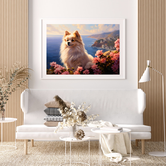 【地中海の海沿いの町 - ポメラニアン犬 No.1】A2アートポスター 犬の絵 犬の絵画 犬のイラスト 7枚目の画像