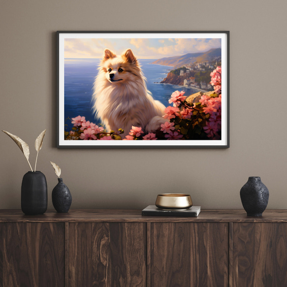 【地中海の海沿いの町 - ポメラニアン犬 No.1】A2アートポスター 犬の絵 犬の絵画 犬のイラスト 8枚目の画像
