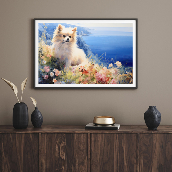 【地中海の海沿いの町 - ポメラニアン犬 No.2】A2アートポスター 犬の絵 犬の絵画 犬のイラスト 8枚目の画像