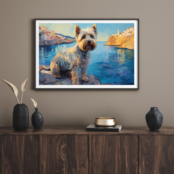 【地中海の海沿いの町 - シュナウザー犬 No.1】A2アートポスター 犬の絵 犬の絵画 犬のイラスト 8枚目の画像