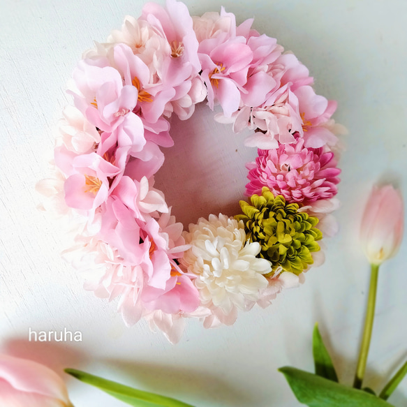 桜リース 春色アーティフィシャルフラワープリザーブドフラワー お花見 3枚目の画像