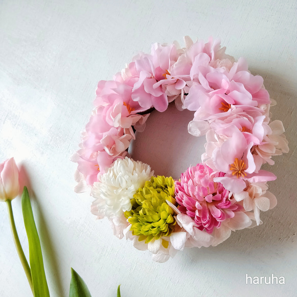 桜リース 春色アーティフィシャルフラワープリザーブドフラワー お花見 2枚目の画像
