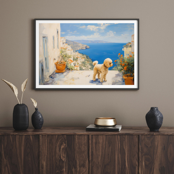 【地中海の海沿いの町 - トイプードル犬 No.2】A2アートポスター 犬の絵 犬の絵画 犬のイラスト 8枚目の画像
