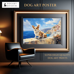【地中海の海沿いの町 - ウェルシュコーギー犬 No.1】A2アートポスター 犬の絵 犬の絵画 犬のイラスト 1枚目の画像