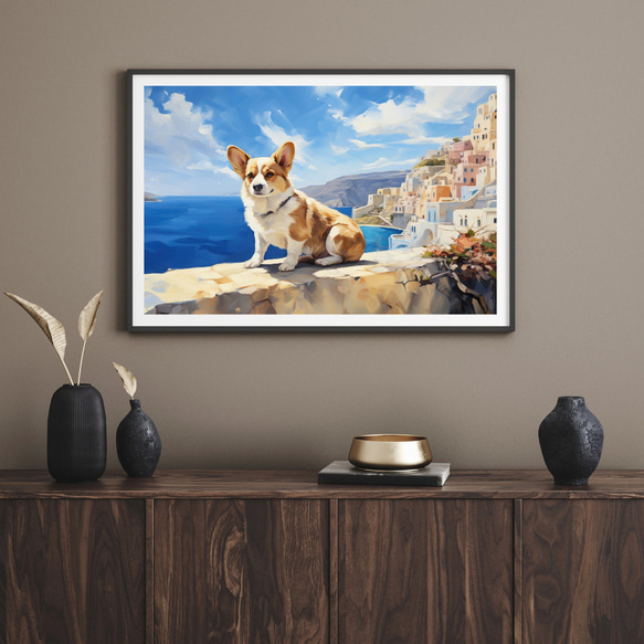 【地中海の海沿いの町 - ウェルシュコーギー犬 No.1】A2アートポスター 犬の絵 犬の絵画 犬のイラスト 8枚目の画像
