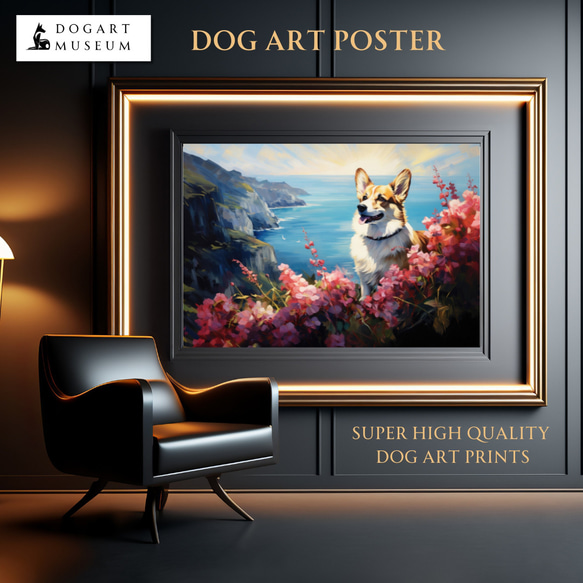 【地中海の海沿いの町 - ウェルシュコーギー犬 No.2】A2アートポスター 犬の絵 犬の絵画 犬のイラスト 1枚目の画像