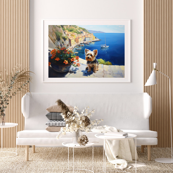 【地中海の海沿いの町 - ヨークシャーテリア犬 No.1】A2アートポスター 犬の絵 犬の絵画 犬のイラスト 7枚目の画像