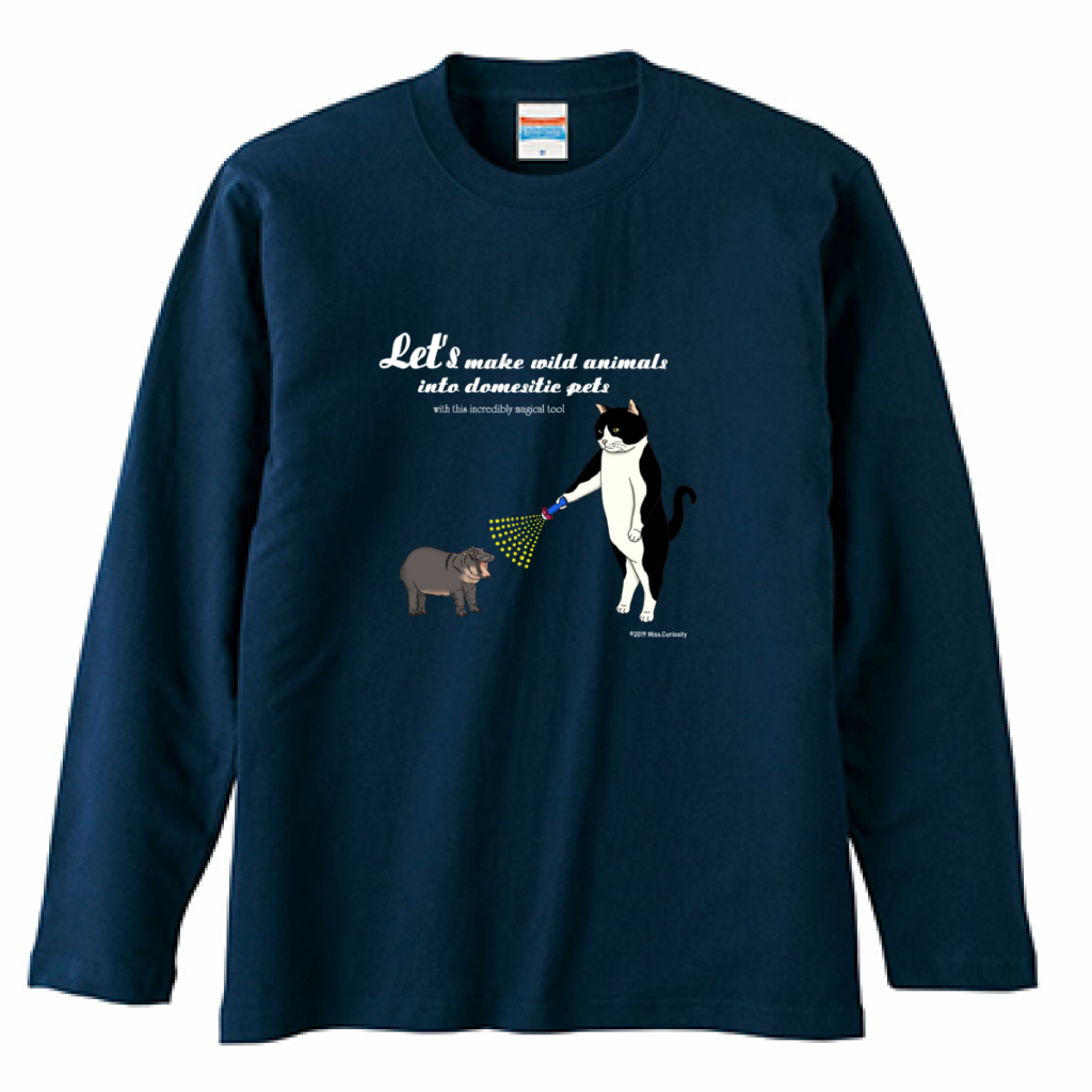 長袖Tシャツ　野生動物を家で飼おう　白黒猫