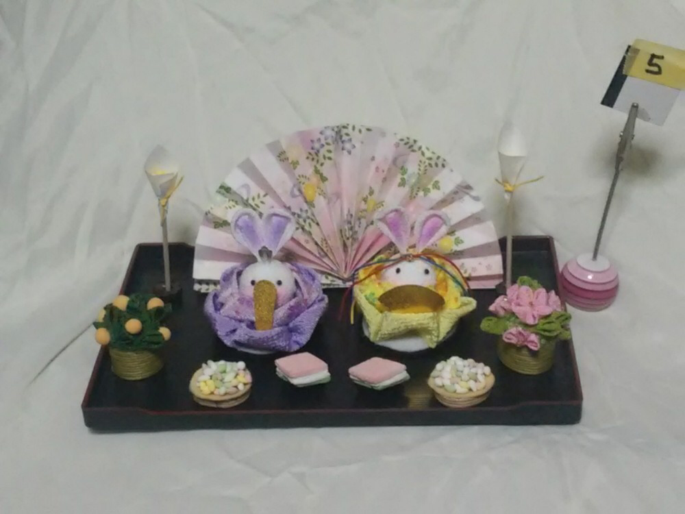 お値下げ❗️豆雛セット　うさぎのお雛様セット（5）初節句　桃の節句　ちりめんつまみ細工