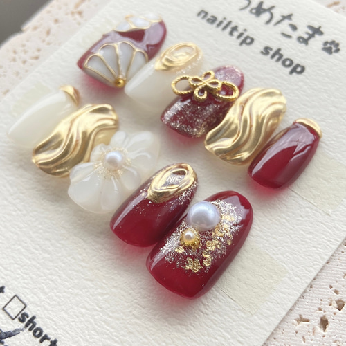 成人式ネイル 赤 【サイズオーダー】チップ 振袖ネイル 和柄 【サイズ