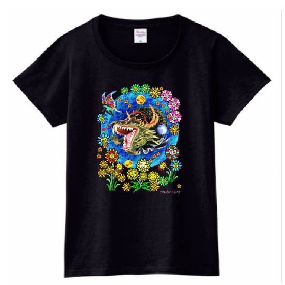 龍と歌う花のコラボ：プリントスターTシャツ（レディース：黒） 1枚目の画像