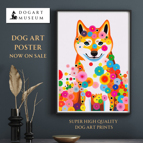 花と秋田犬の夢の世界 No.1】アートポスター 犬の絵 犬の絵画 犬