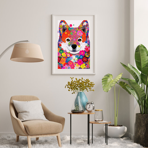花と秋田犬の夢の世界 No.3】アートポスター 犬の絵 犬の絵画 犬