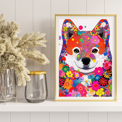 花と秋田犬の夢の世界 No.3】アートポスター 犬の絵 犬の絵画 犬