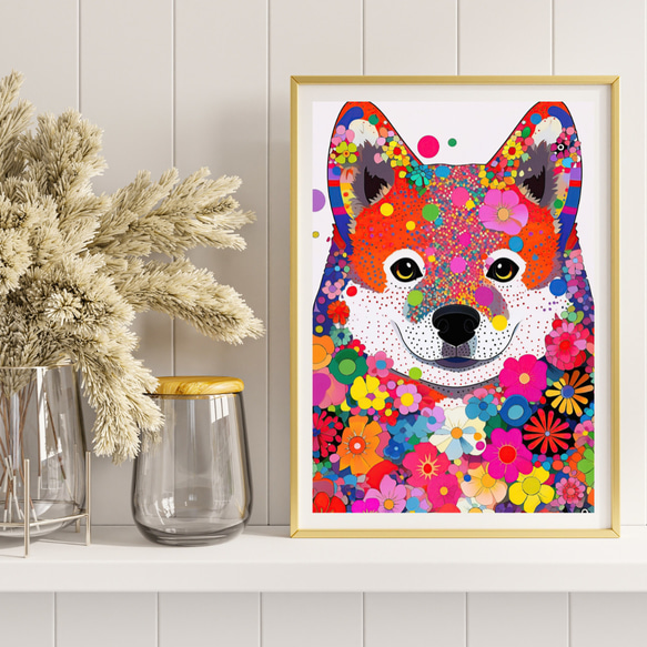 【花と秋田犬の夢の世界 No.3】アートポスター 犬の絵 犬の絵画 犬のイラスト 8枚目の画像