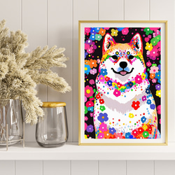 【花と秋田犬の夢の世界 No.4】アートポスター 犬の絵 犬の絵画 犬のイラスト 8枚目の画像