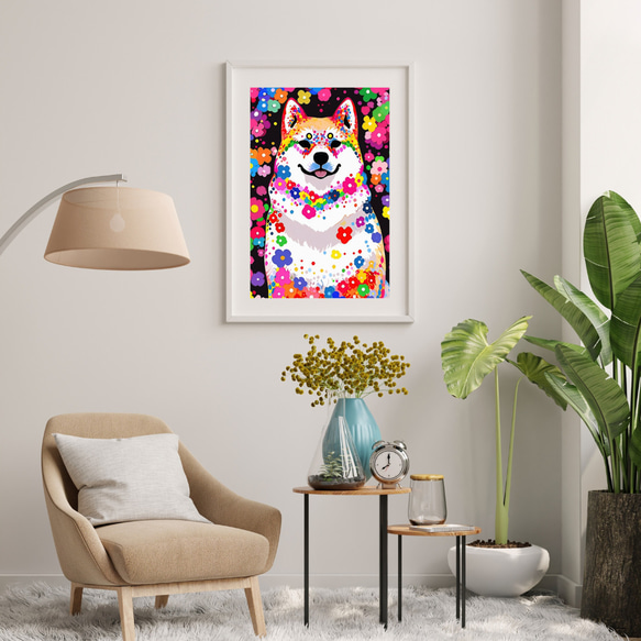 【花と秋田犬の夢の世界 No.4】アートポスター 犬の絵 犬の絵画 犬のイラスト 7枚目の画像