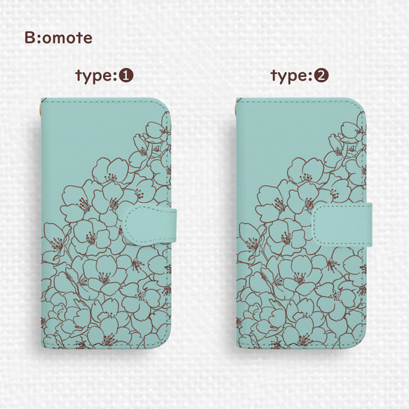 送料無料★さくら咲くAndroid手帳型スマホケース チョコミント 全機種対応 ラインアート 春 花 緑 ミントグリーン 3枚目の画像
