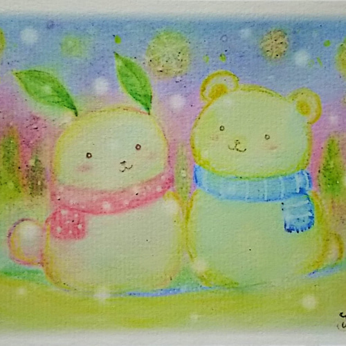 うさぎとくまの仲良し雪だるま絵葉書2枚 透明水彩ポストカード