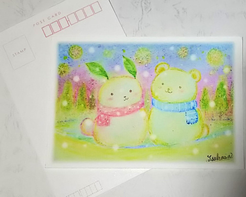 うさぎとくまの仲良し雪だるま絵葉書2枚 透明水彩ポストカード