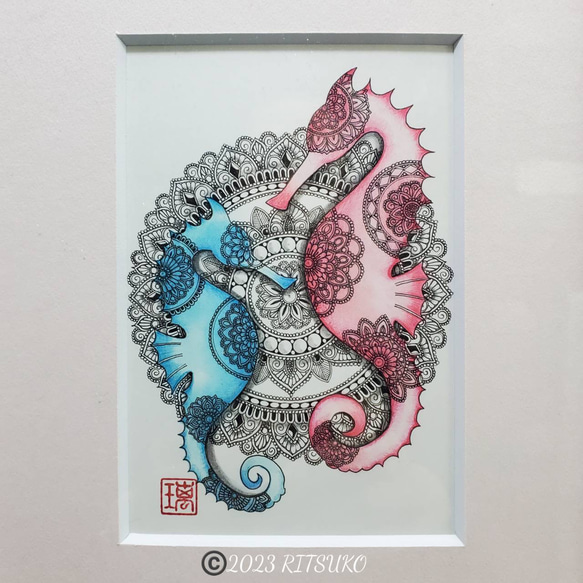 贈り物 タツノオトシゴ 1点もの 原画 額装付き 日本人作家 ボールペン画 イラスト