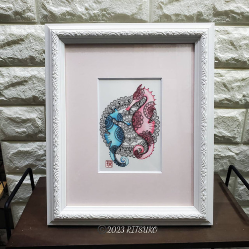 原画 1点もの タツノオトシゴ 額装付き ボールペン画 日本人作家
