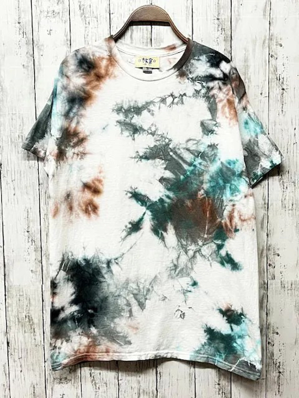 タイダイ染め　Tシャツ　Mサイズ　グリーン×ブラウン ムラ染め　Hippies Dye HD21-05 1枚目の画像