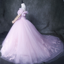 カラードレス  ピンク  オンショルダードレス  裾に繊細レースをあしらった  ソフトチュール  結婚式  可愛い 2枚目の画像