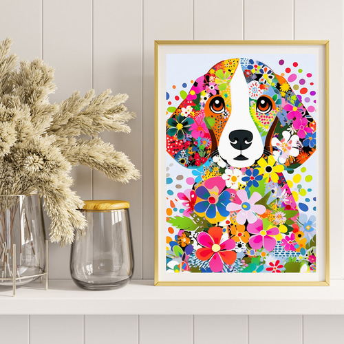花とビーグル犬の夢の世界 No.1】アートポスター 犬の絵 犬の