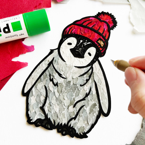 ちぎり絵×切り絵】原画アート 『co-co（ペンギンのココ）』 絵画 紙の