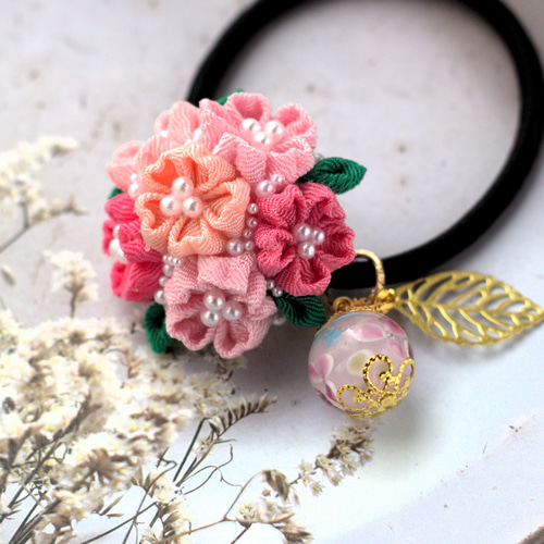 ❁つまみ細工桜＆とんぼ玉ヘアゴム❁つまみ細工髪飾り和風