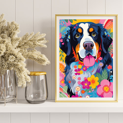 【花とバーニーズマウンテン犬の夢の世界 No.4】アートポスター 犬の絵 犬の絵画 犬のイラスト 8枚目の画像