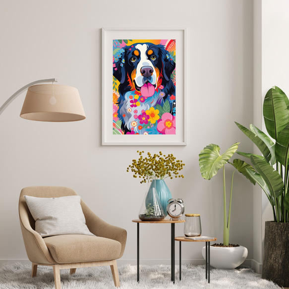 【花とバーニーズマウンテン犬の夢の世界 No.4】アートポスター 犬の絵 犬の絵画 犬のイラスト 7枚目の画像