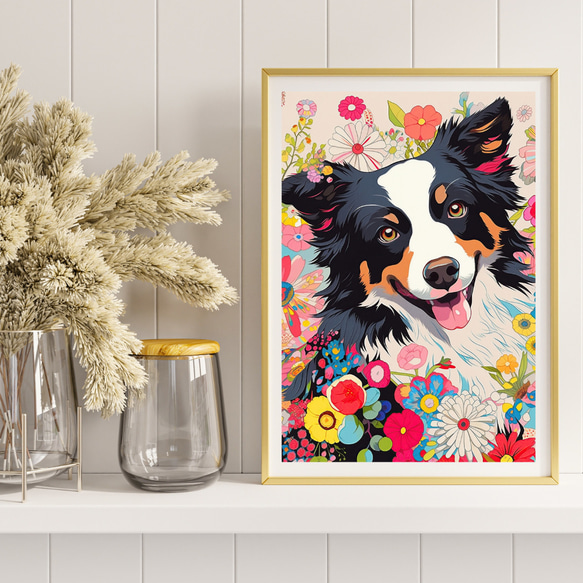 【花とボーダーコリー犬の夢の世界 No.2】アートポスター 犬の絵 犬の絵画 犬のイラスト 8枚目の画像