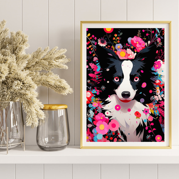 【花とボーダーコリー犬の夢の世界 No.3】アートポスター 犬の絵 犬の絵画 犬のイラスト 8枚目の画像