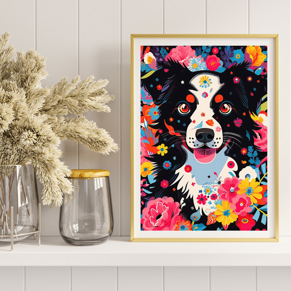 【花とボーダーコリー犬の夢の世界 No.4】アートポスター 犬の絵 犬の絵画 犬のイラスト 8枚目の画像