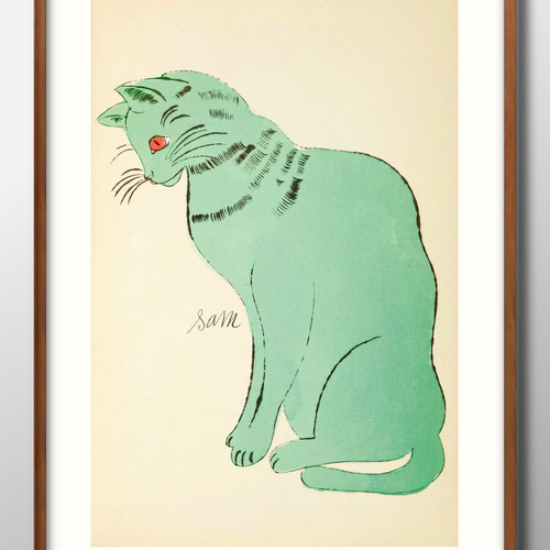 12470□アートポスター 絵画 A3サイズ『猫 ネコ グリーン』イラスト