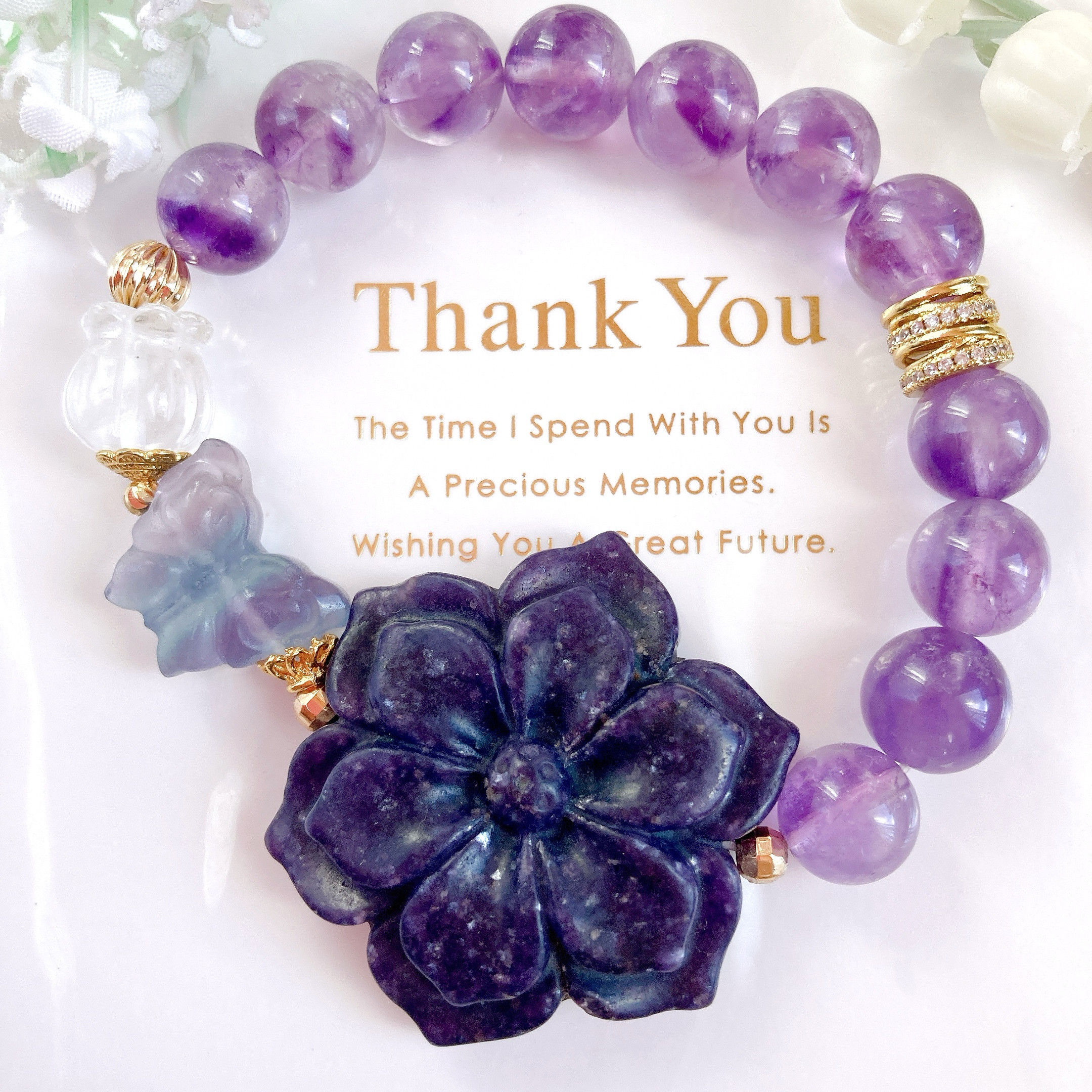 ˚✧₊⁎一点のみ˚✧₊⁎大粒レピドライトお花蝶々鈴蘭アメジスト天然石ブレスレット