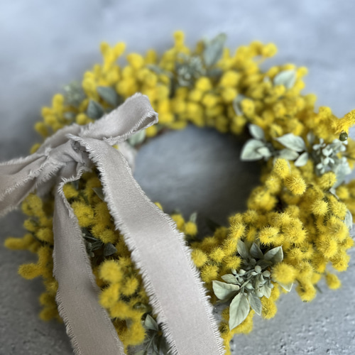 春の幸せミモザリース 黄色 選べるリボン アーティフィシャルフラワー