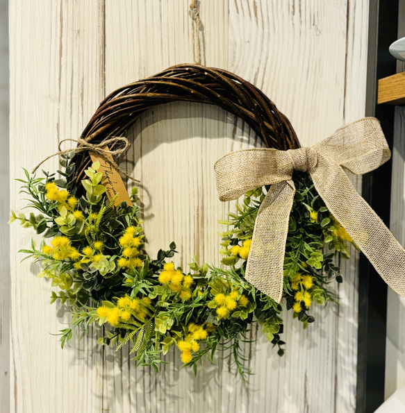 ミモザとユーカリのハーフリース アーティフィシャルフラワーリース 春  
