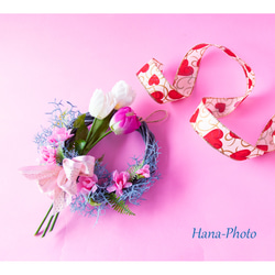 桃の花とチューリップの雛祭りリース　グレーのリース台：15㎝　　 (60) 14枚目の画像